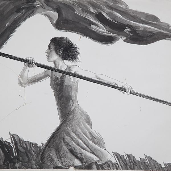 La chica enarbolando una bandera